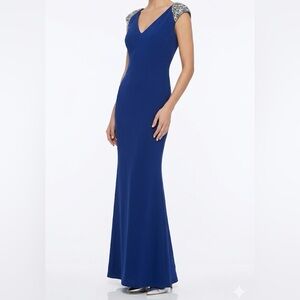 Marchesa Notte Blue Silk Evening Gown Beaded Shoulders V Neck Sleeveless 10